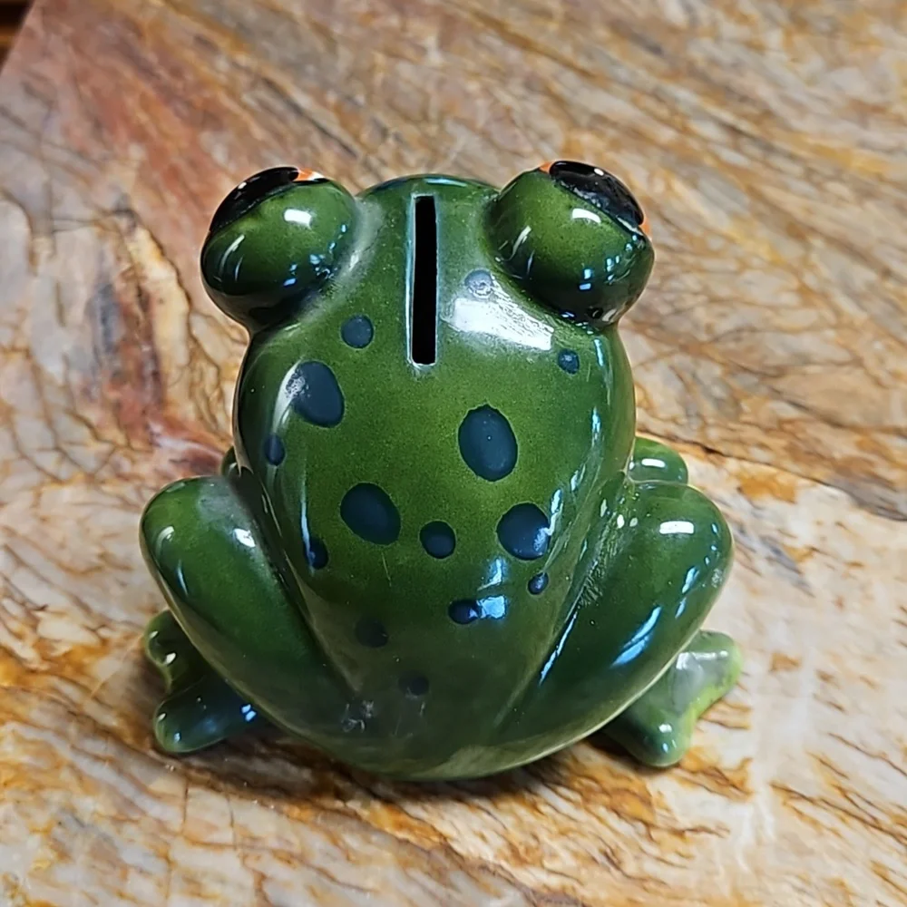 Vintage ceramic Green Frog Toad Piggy Coin Bank
